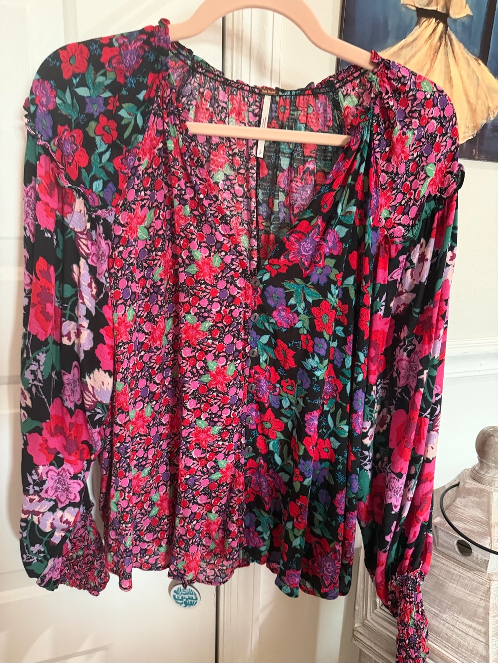 Free People Black Blouse with Pink, Red & Purple Floral